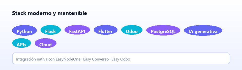 Stack tecnológico EasyTech: Python, Flutter, Odoo, APIs e integración con el ecosistema